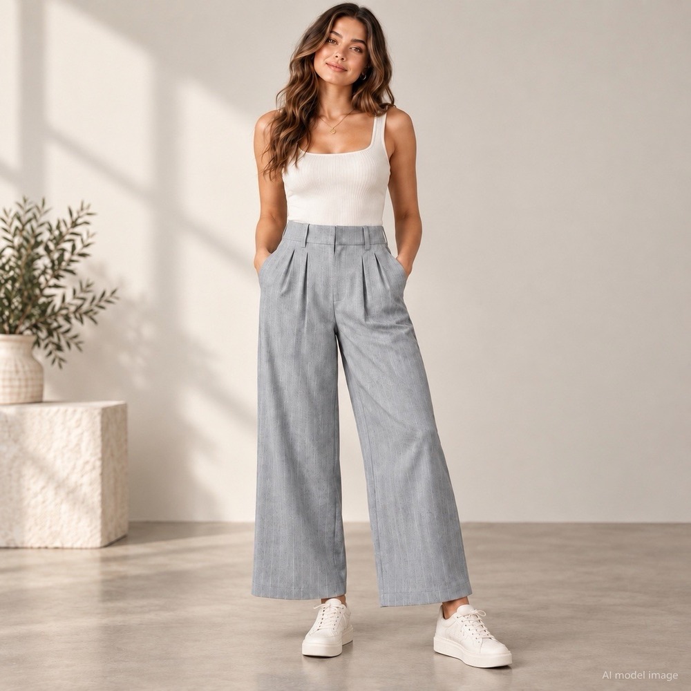 Hollister Pants Womens S Short Livvy Wide Leg Ultra High Rise Gray Pinstripe